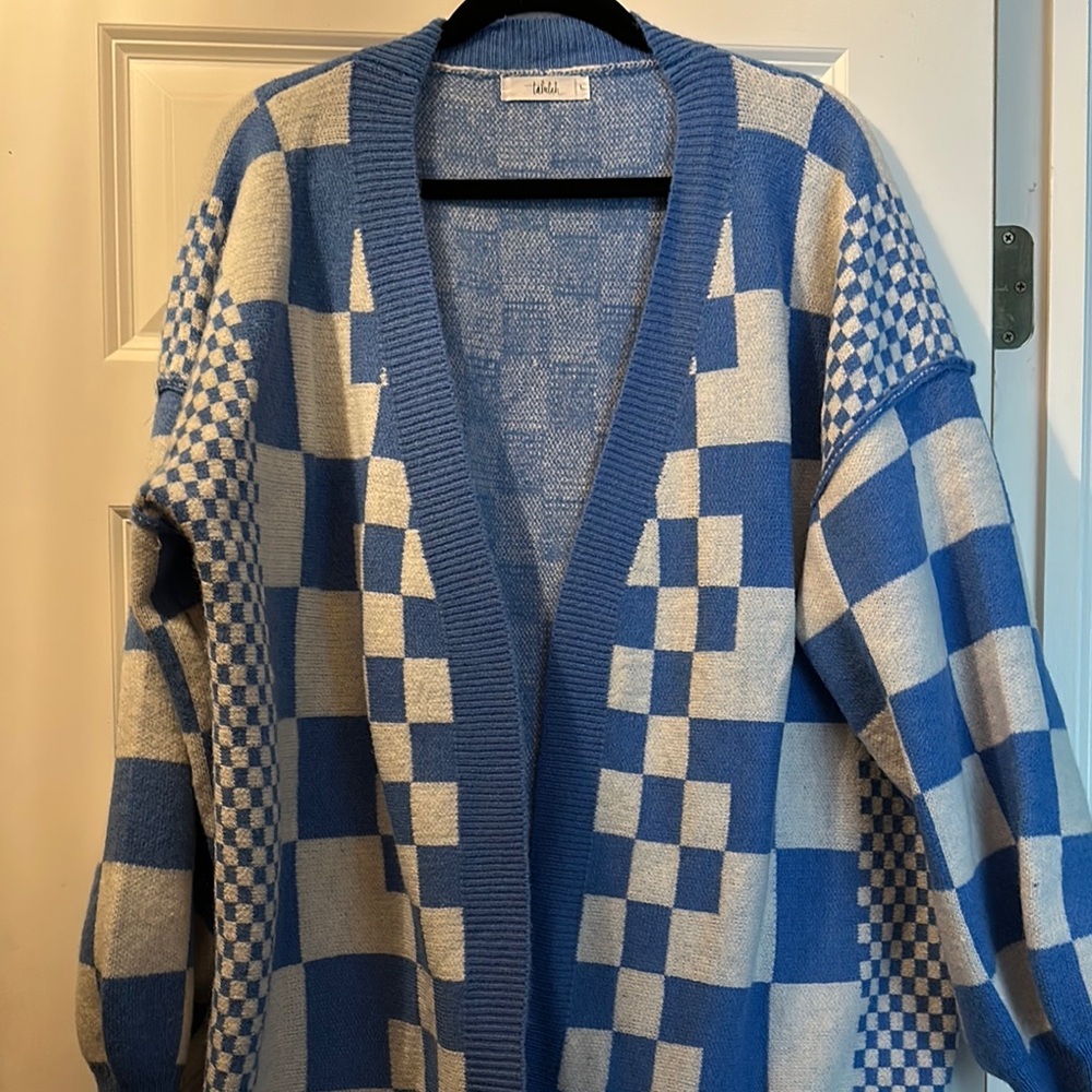 TALULAH Blue and White Checkered Cardigan